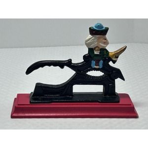 Vintage Cast Iron Soldier Nutcracker Mounted On Red Wooden Base Nut Cracker